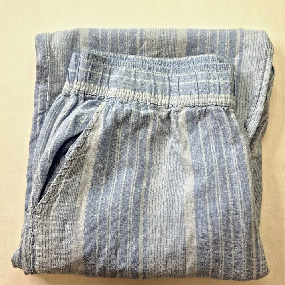 Tahari Women's Large Blue Linen Rayon Elastic Waist Casual Pants with Pockets